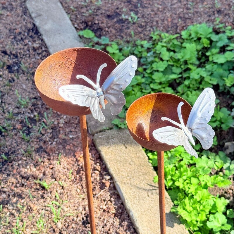 Vintage Iron Bird Bath - Rustic Garden Stake Water Bowl & Outdoor Decor